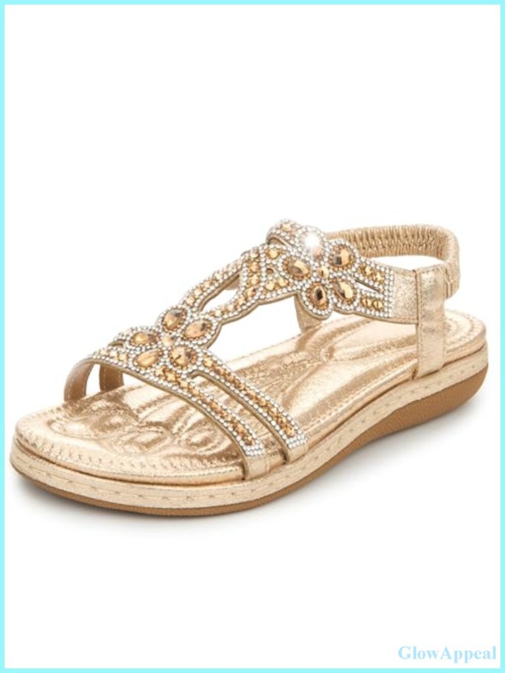 Women's T-Strap Sandals Memory Foam Faux Leather Rhinestone Flats